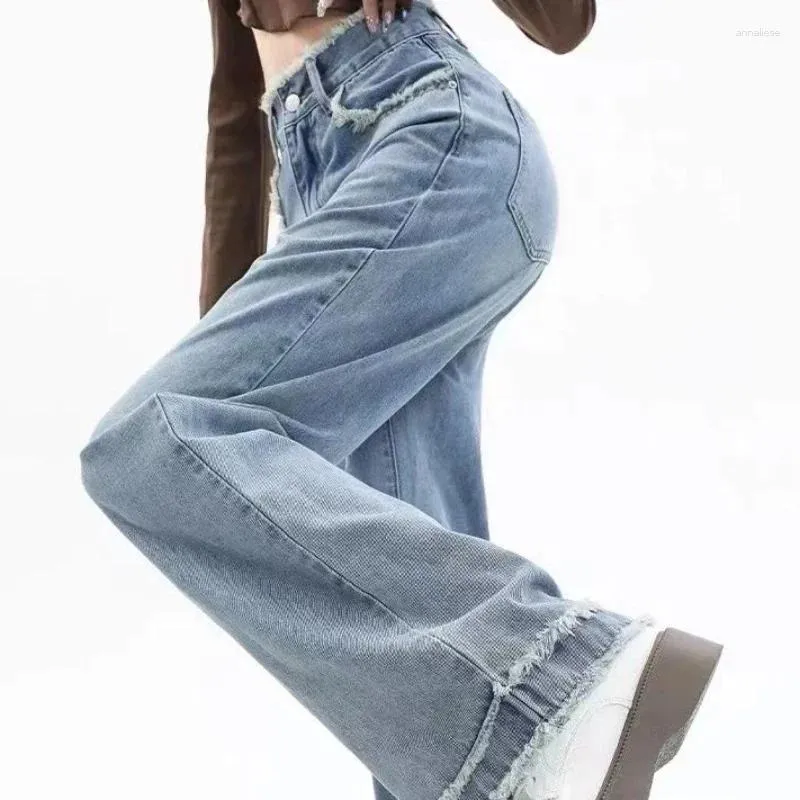 女性のジーンズブルーズボンストレートレッグポケットパンツ女性用ハイウエストSレディースバギー服Z 2024韓国スタイルSpanx A