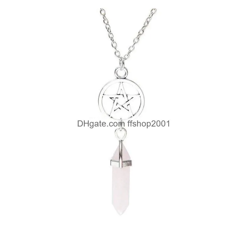 Pendentif Colliers Pentacle Pierre Naturelle Collier Bijoux Hexagone Prisme Étoile Point Guérison Cristal Améthyste Rose Quartz Chakra Goutte Dh7Cz