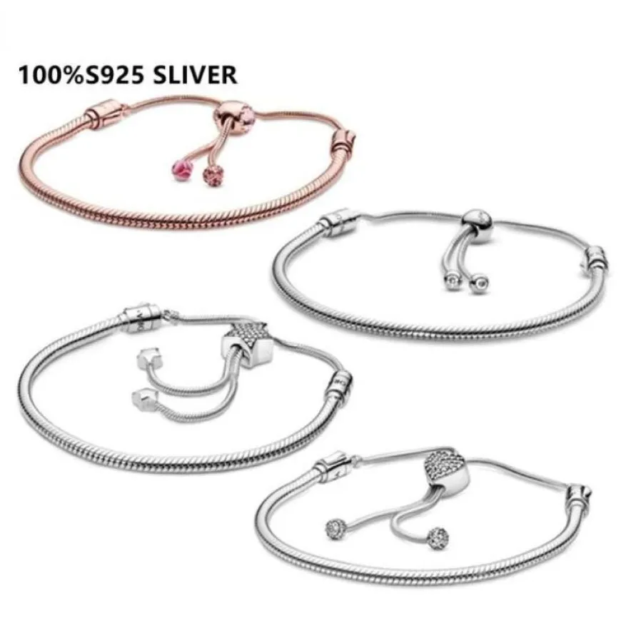 Original Charm Chain Bracelet 100% 925 Sterling Silver Adjust Slide Bangle For Women's Fashion Classic High Quality DIY Jewel2451