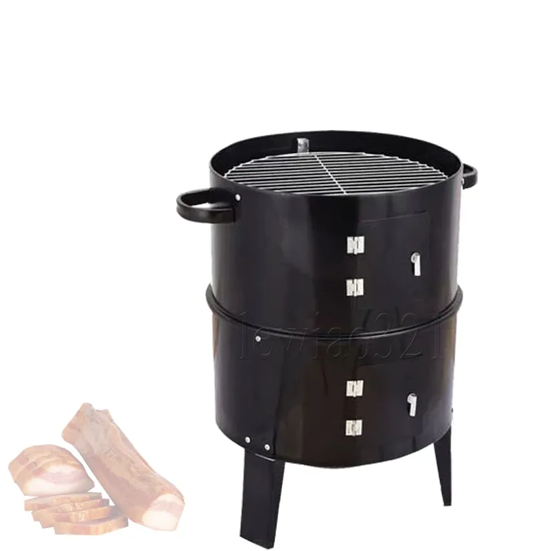 Fumante de carvão de aço, churrasqueira redonda resistente para cozinhar ao ar livre, churrasqueira portátil a carvão preto
