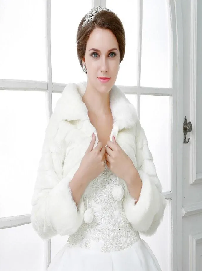 High Quality Faux Fur Bolero Shrugs Beige Full Long Sleeve Bridal Wraps Evening Wedding Jackets Shawls Winter Warm Coats1464620