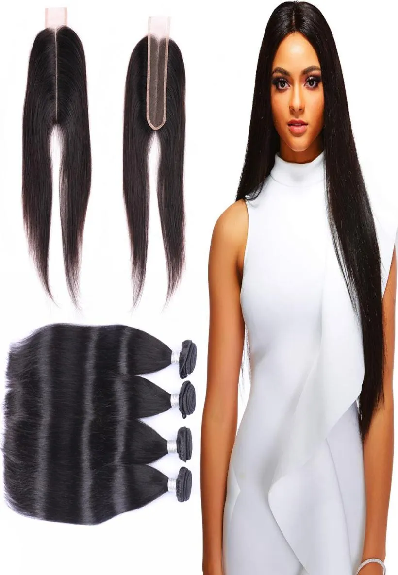 Extensions de cheveux brésiliens vierges 1030 pouces cheveux humains 4 paquets avec fermeture en dentelle 2X6 trames de cheveux raides avec 26 partie centrale9630744