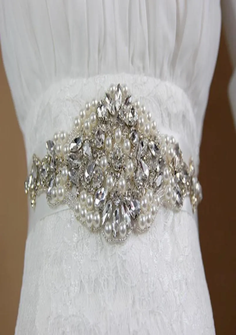 Handgjorda Pearl Rhinestone Crystal Dress Belt för bröllop Luxury Satin Bridal midja Sash Wedding Dress Belt Wedding Accessories6461100