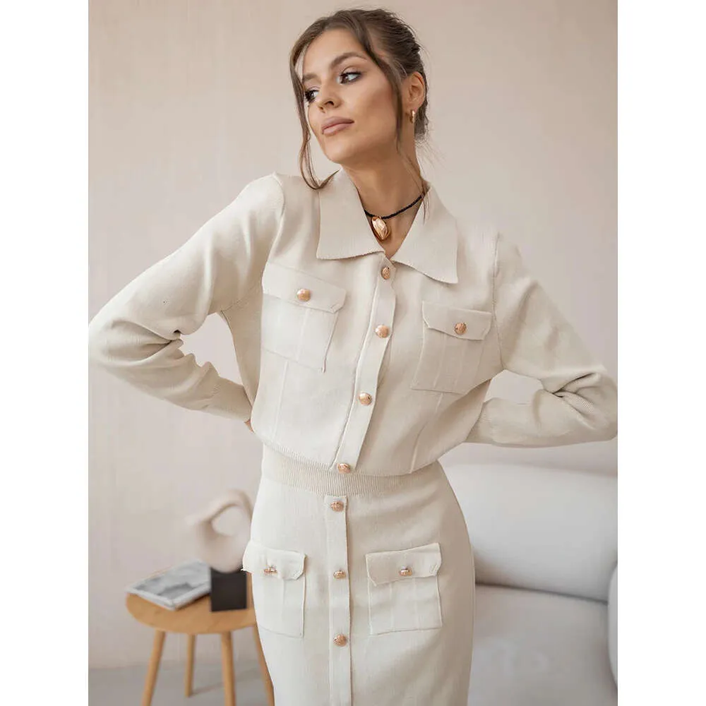 Elegante falda de blazer de punto Blazer Blanco Brown 2 juego a juego Outumn Winter Vintage Two Piece Women Sets