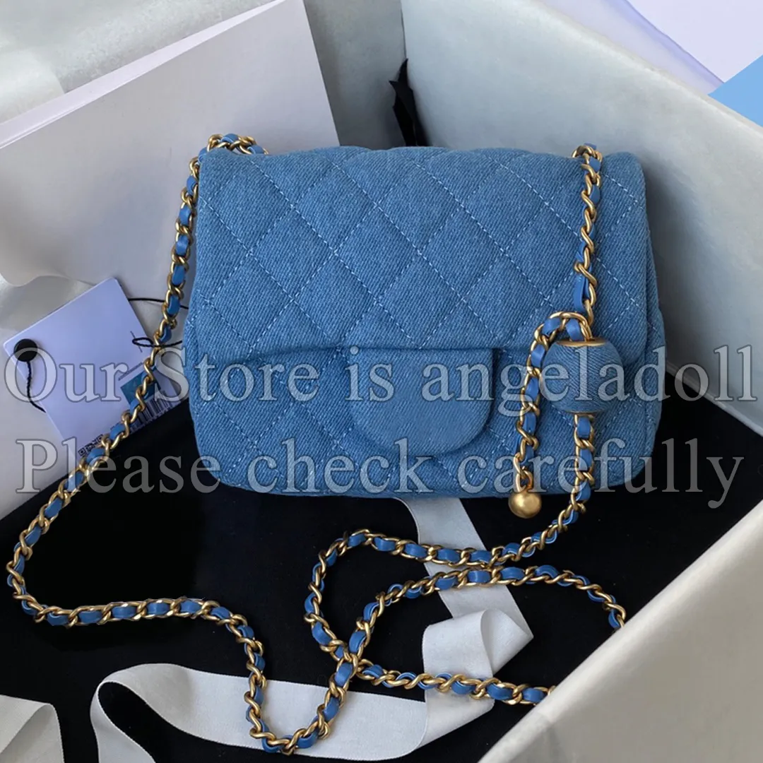 10a Spiegelqualität Designer Mini Square Pearl Crush Bags Damen Damen kleiner Rechteckklappen Gold Ballbeutel Luxus blaues Denim Sterd Geldbörse Crossbody Schultergurt -Box -Tasche