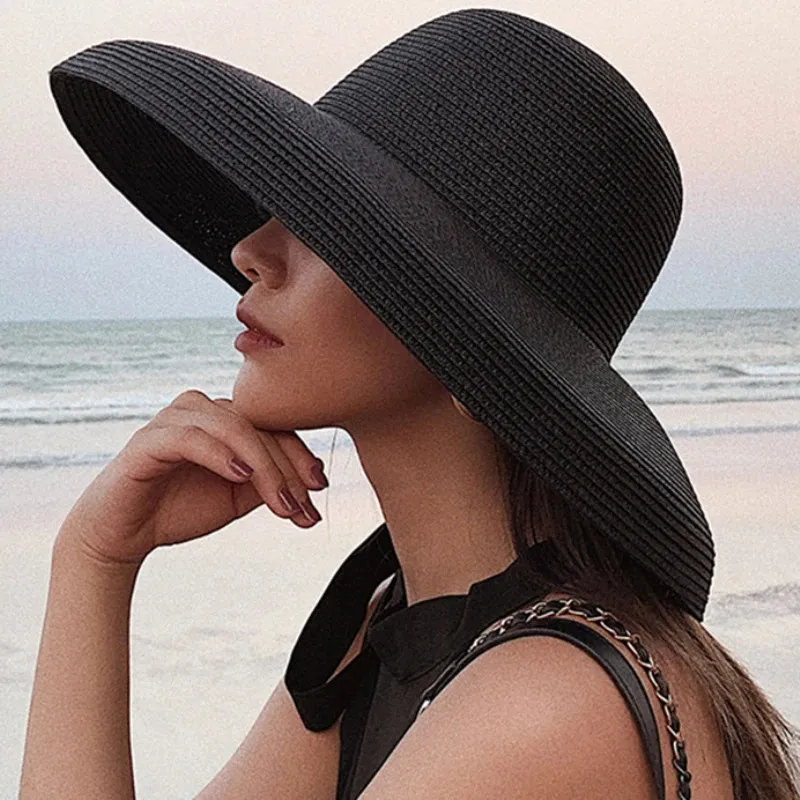 Ht2303 chapéus de sol de verão para mulheres, liso, elegante, aba larga, chapéu feminino, top redondo, palha panamá, chapéu de praia feminino 240304