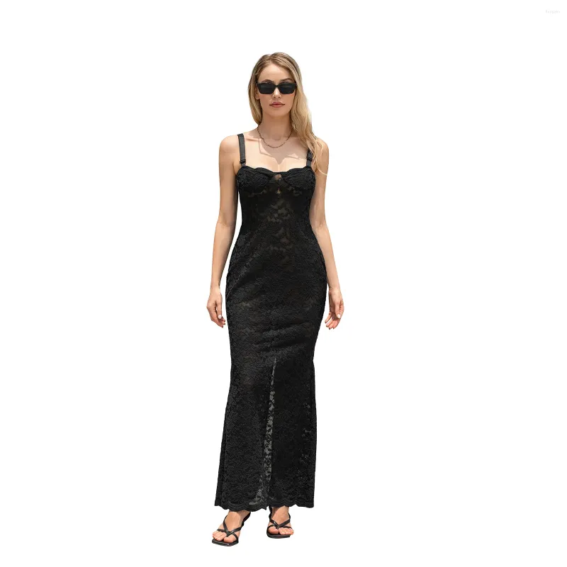 Casual Dresses Women's Lace Split Dress Sexig genomskinlig ärmlös cocktailfest justerbar axelband Solid Zip Back Cami