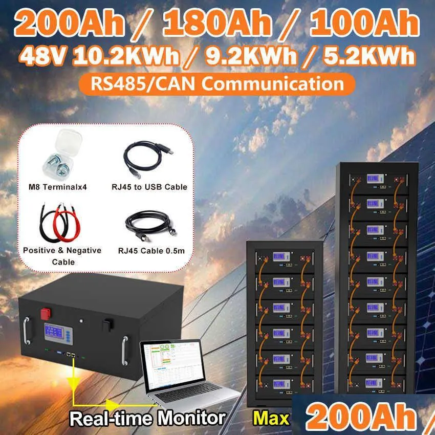 Batterien 48 V Lifepo4 180 Ah 200 Ah 100 Ah Batteriepack 51,2 V 10 kWh 100 % Kapazität mit RS485-Dose für Energiespeicherung Backup Drop Delivery Dhcn7