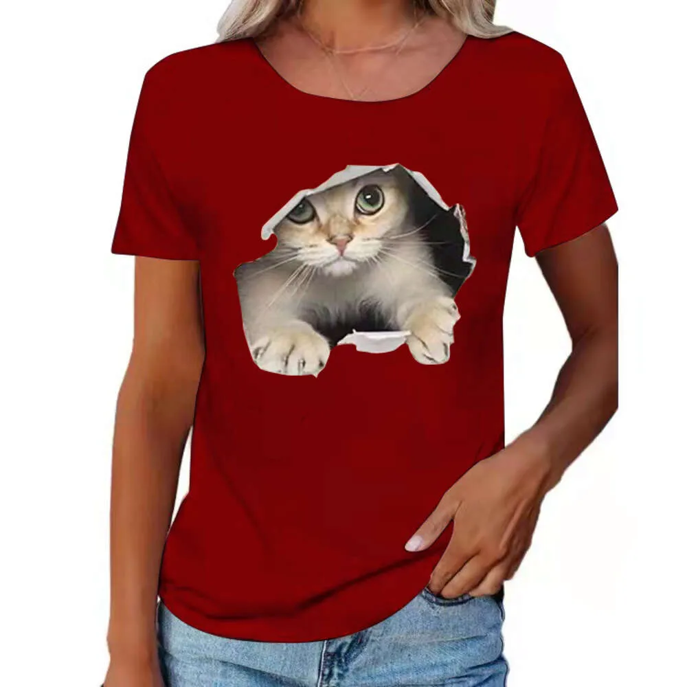 Trendy letnia okrągła szyja 3D Cat Krótkie t-shirt damski