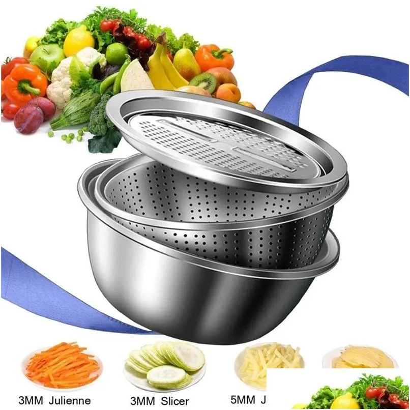 Fruit & Vegetable Tools Lmetjma 3 In 1 Slicer Cutter Drain Basket Stainless Steel Vegetable Jienne Grater Salad Maker Bowl Kc0410 2011 Dhdgw