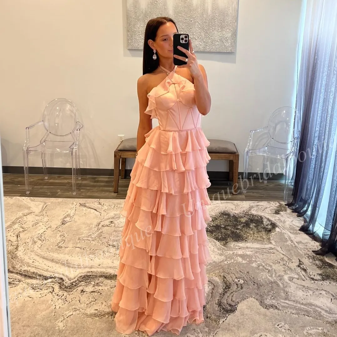 Black Chiffon Halter Ruffled Halter Prom Dress With... From  Uniquebridalboutique, $85.59
