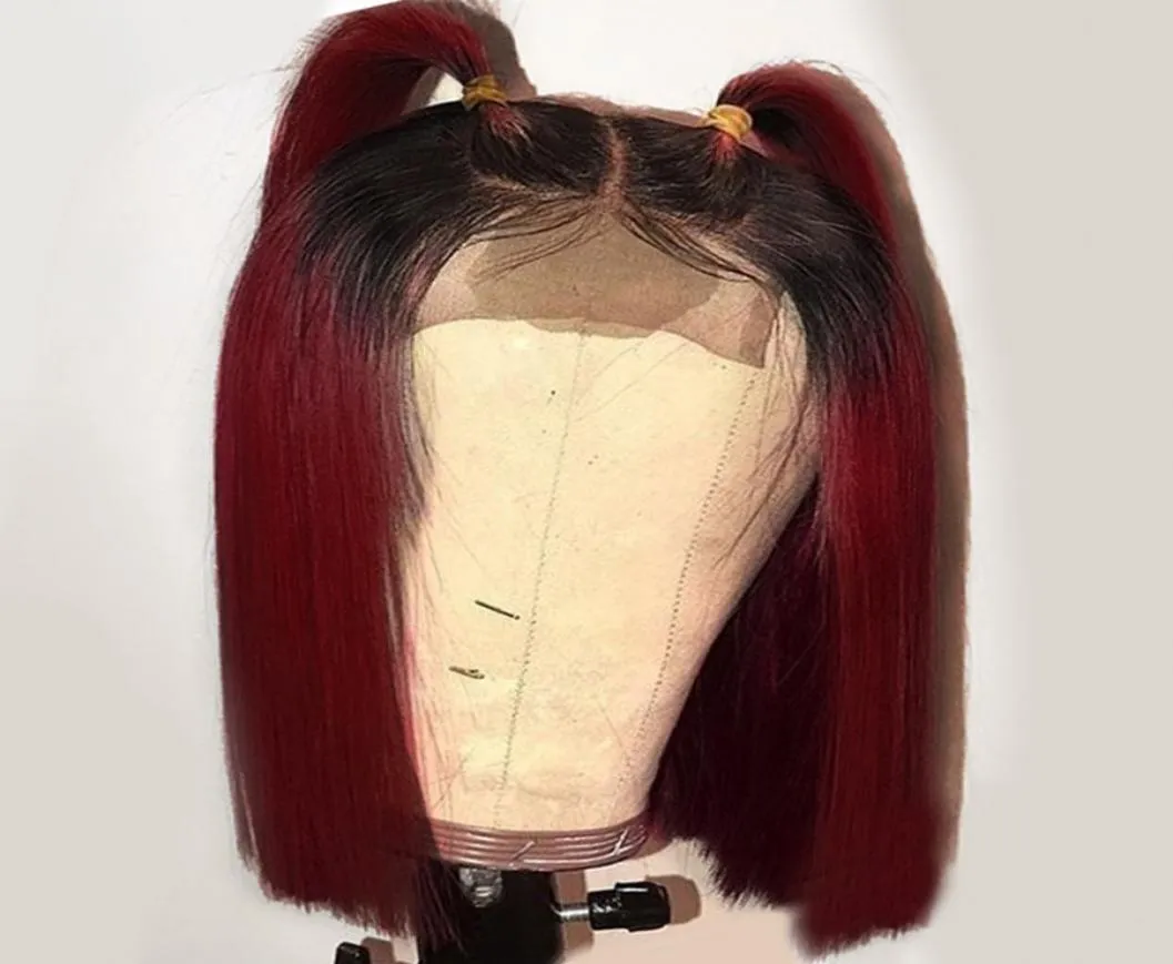 Perruque Bob Lace Front Wig synthétique lisse et courte avec raie centrale, 14 pouces, noire ombrée, rouge bordeaux, pour femmes Afro, 2792891