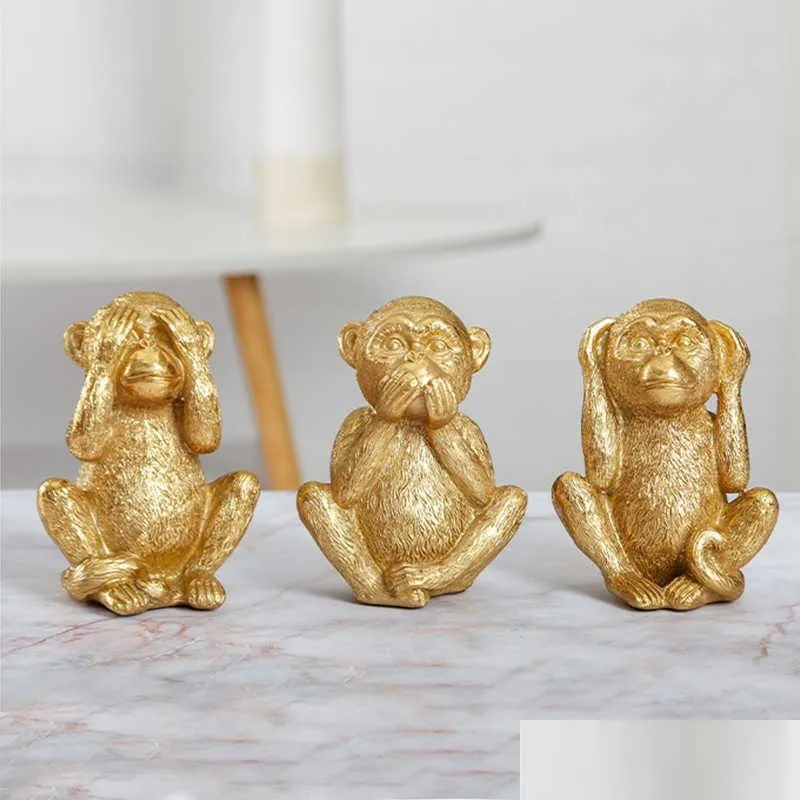 Kunst en ambacht Hars Niet luisteren Zie praten Gouden Aap Miniatuurbeeldjes Home Decor Slaapkamer Gang Decoratieve Scpture Ornamenten 2 Dh8Rr