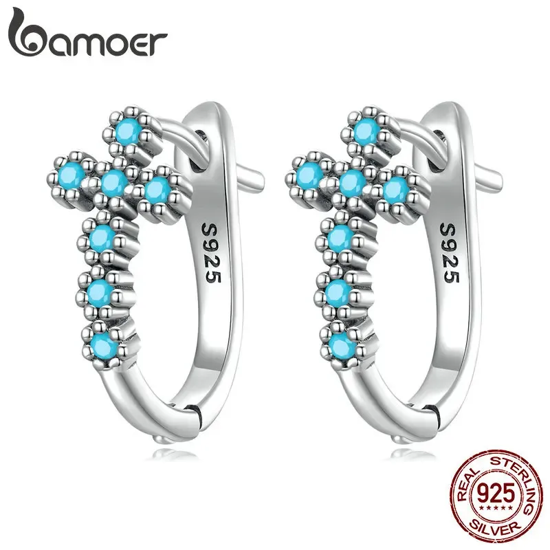 Fibbie per orecchie con croce turchese in argento sterling 925 per le donne Gioielleria raffinata Orecchini a cerchio a forma di U Regalo di nozze SCE1478 240301