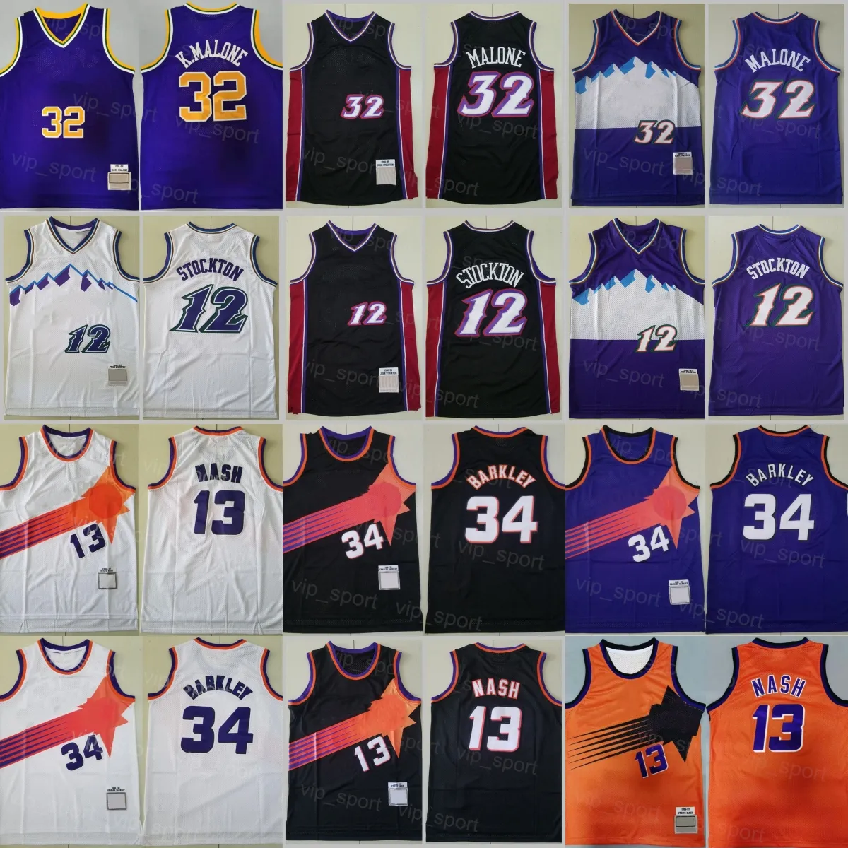 Retro Basketbol Gerilemesi John Stockton Jersey 12 Karl Malone 32 Steve Nash 13 Charles Barkley 34 Renk Mor Siyah Beyaz Turuncu Dikişli Vintage İyi Kalite