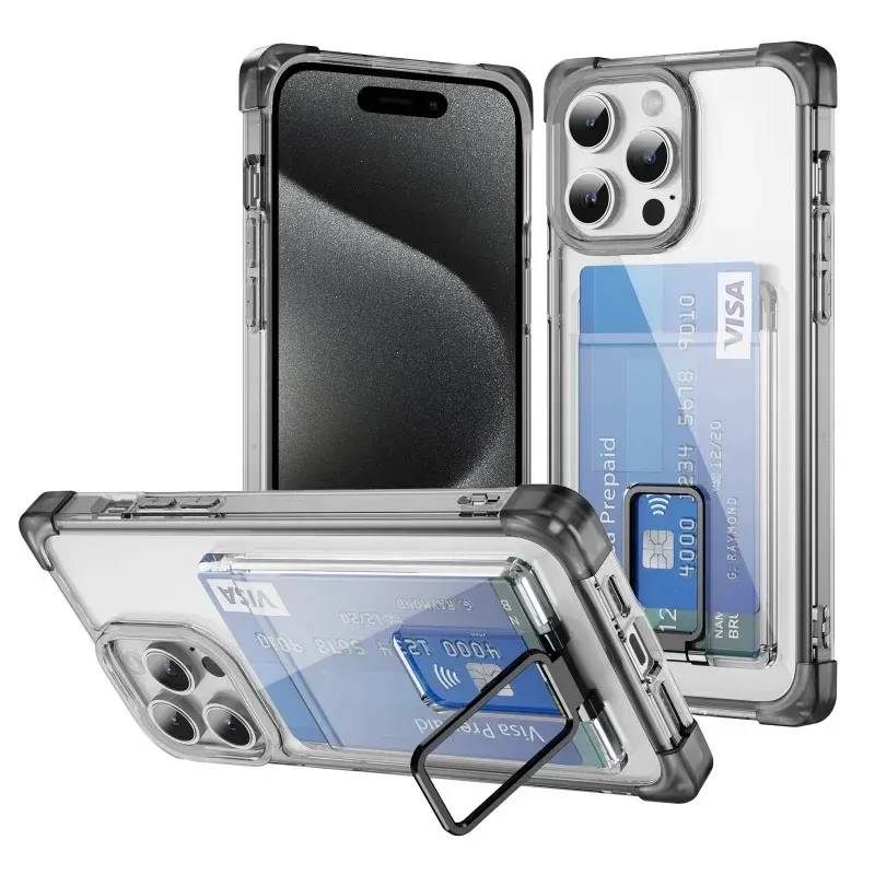 Metal Stand Style Card Holder For IPhone Phone Case 15 14 13 12 11 Xs XR Pro Max Fully Transparent Airbag Shock Wallet Backed Cover Cases 