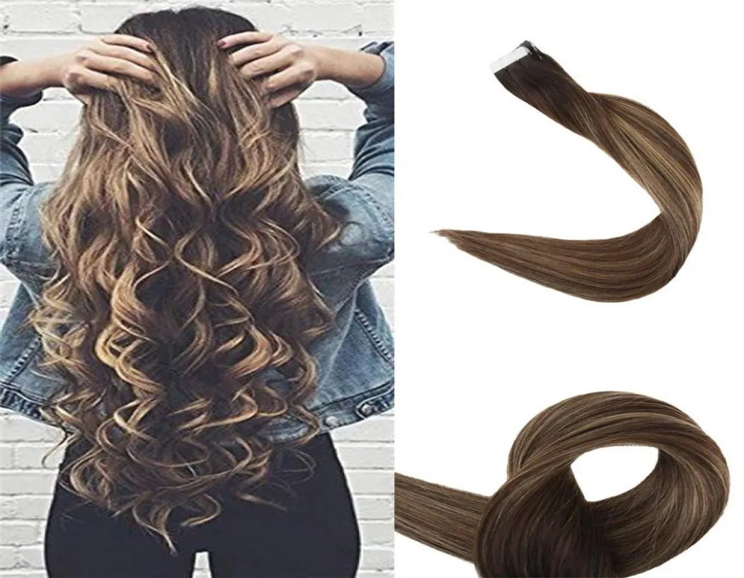 Ombre Tape in Hair Extensions Seamless Remy Hair Weft Color 2 Brown Fading to 3 and 27 Honey Blonde Dip Dyed Human Hair 40 Pcs 16850085