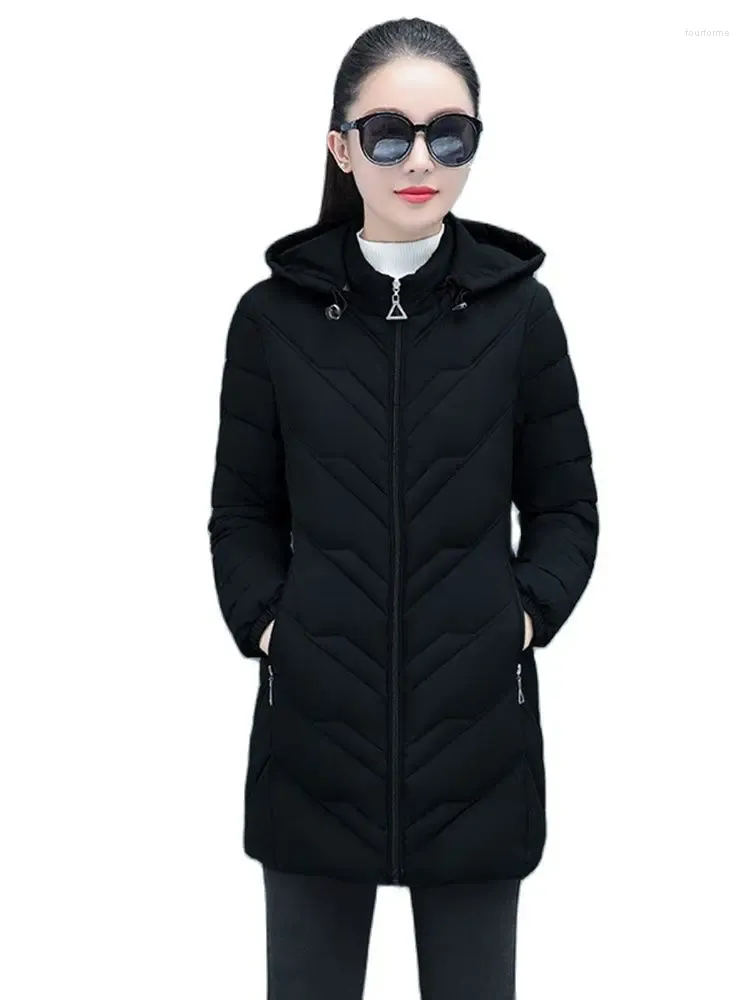 Trenchs de femmes manteaux 2024 automne hiver noir vers le bas coton rembourré veste manteau femmes longues parkas mince pardessus dame épaissir chaud amovible