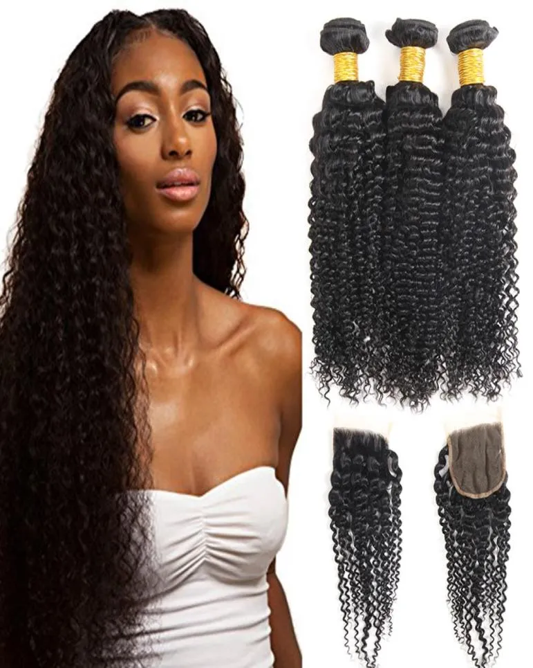 Artikelen verkopen Kinky Curly 3 bundels met sluiting Raw Virgin Peruvian Indian Malaysia Hair Extensions Onbewerkte Kinky Curly 3717941