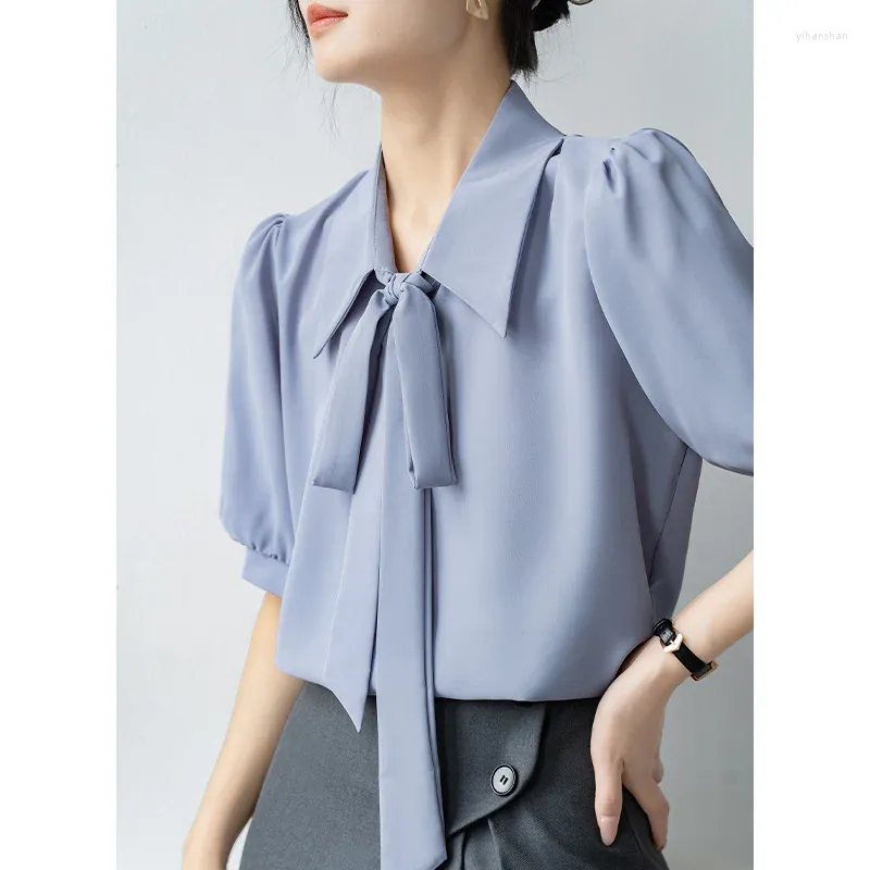 Women's Blouses Gentle Wind Short Sleeve Top Bubble Bow Lace-up Fashion Clothes Hanging Blue Chiffon Shirt