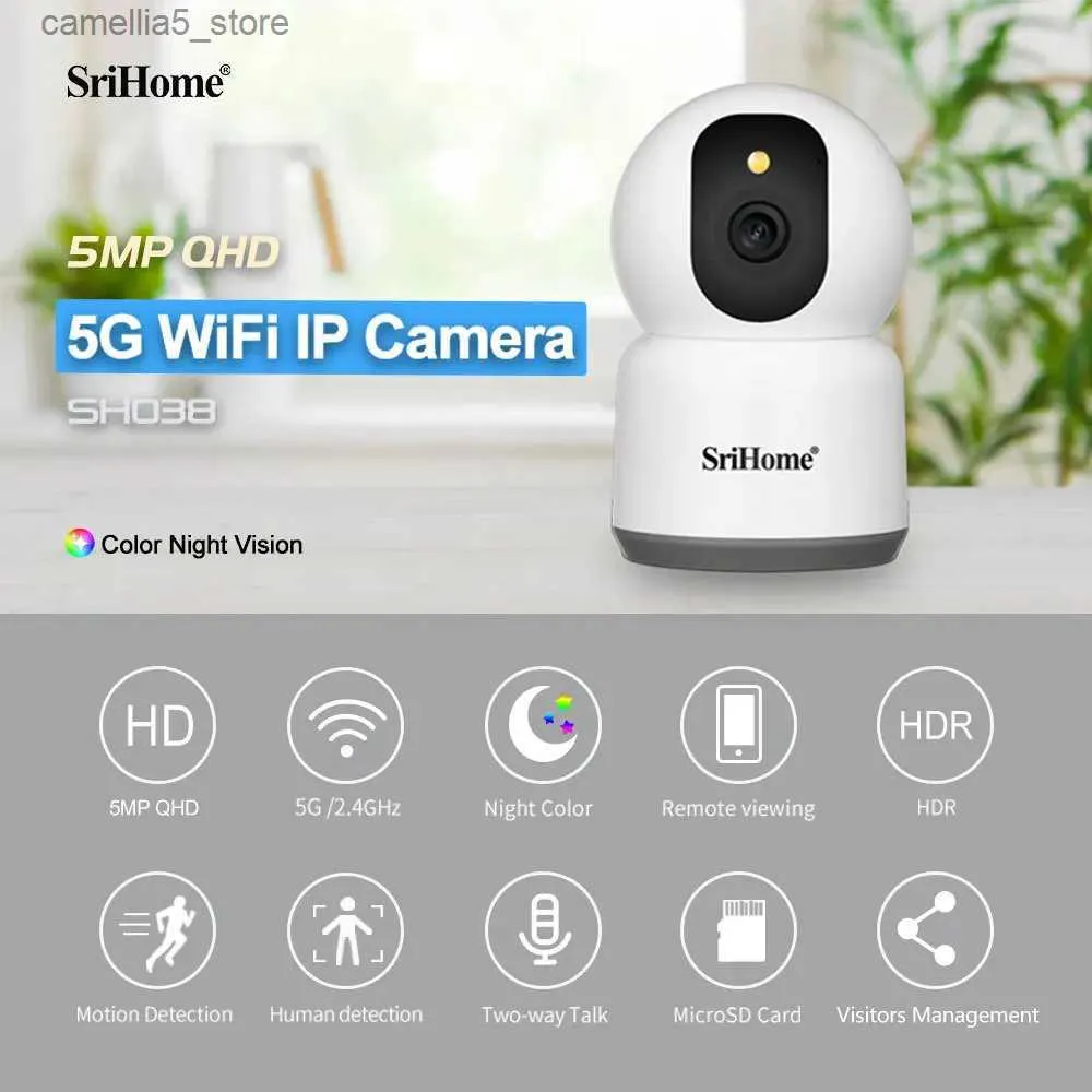 Caméra de surveillance pour bébé SriHome SH038 5MP 5G WIFI IP Tuya Smart Home Surveillance sans fil intérieure Audio Suivi automatique Sécurité Q240308