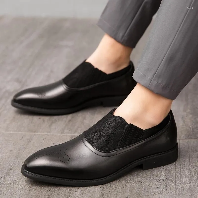 Casual Shoes Classic Brogue Dress Fashion Leather for Dinner Men Breathale Man Elastic Band Slip-on Oxford Manager Office