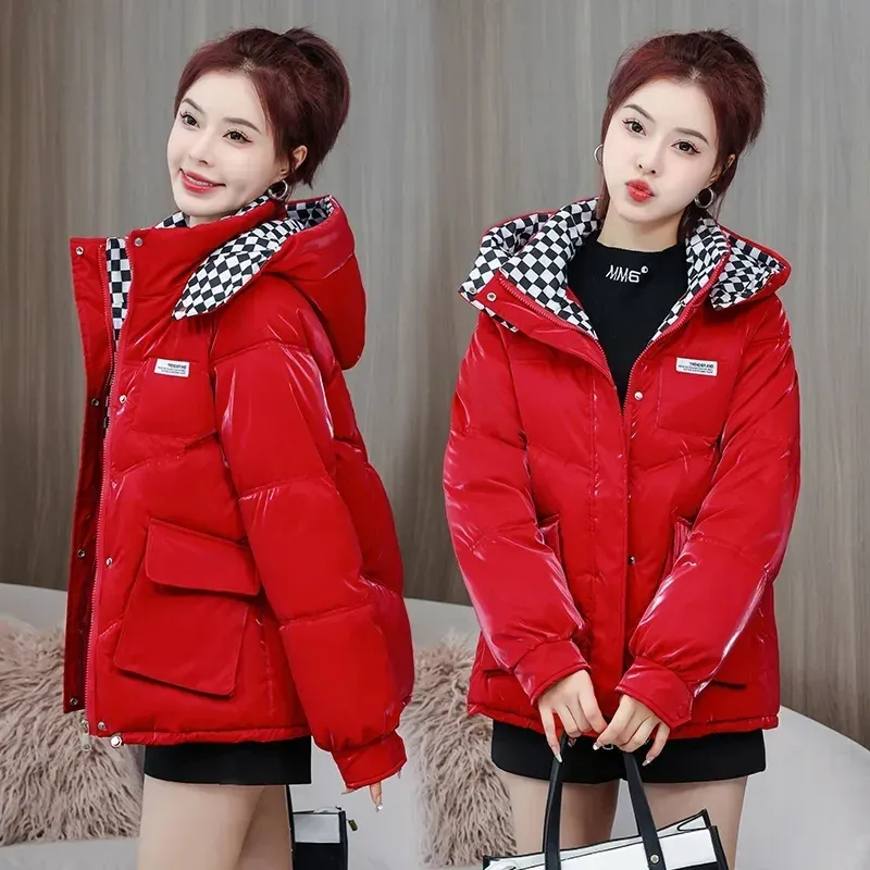 Parkas Short Parka Down CottonPadded Jacket Women's 2023 New Winter Jackets Red Fashion Glossy CottonPadded Jacket Student Coat White