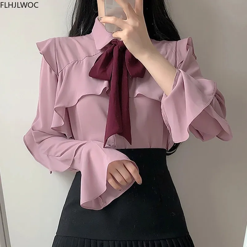 Ruffled Bow Tie Top Outono Básico Office Lady Work Wear Flare Manga Bonito Mulheres Único Breasted Botão Sólido Camisas Brancas Blusas 240308