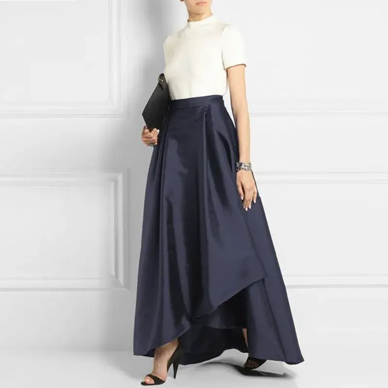 Dresses Office Lady Dark Navy Blue Long Satin Skirts for Women 2018 Asymmetrical Fashion Female Adult Skirt Zipper Pleat Saias New