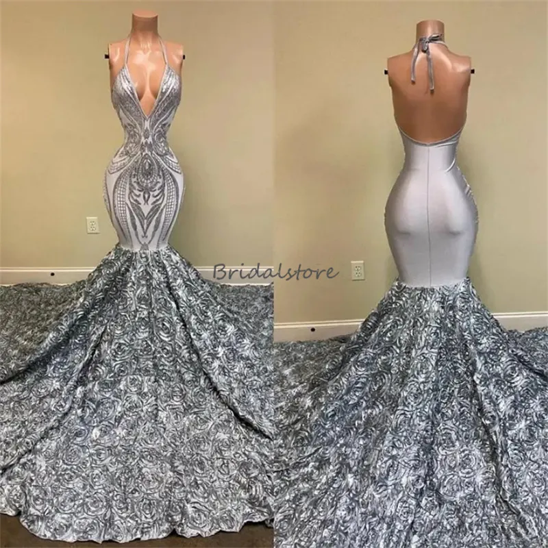 Sexy Silver Mermaid Evening Dress 2024 Deep V Neck Backless 3D Florals Black Girls Prom Dress Sweep Train Formal Birthday Party Gown Vestios De Gala robes de soiree