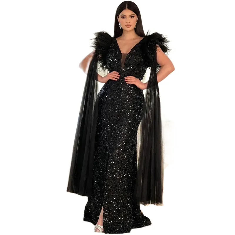 slim fit dress slacks Plus Size V-Neck Black Sequin Dress PXJ1461 main image 1