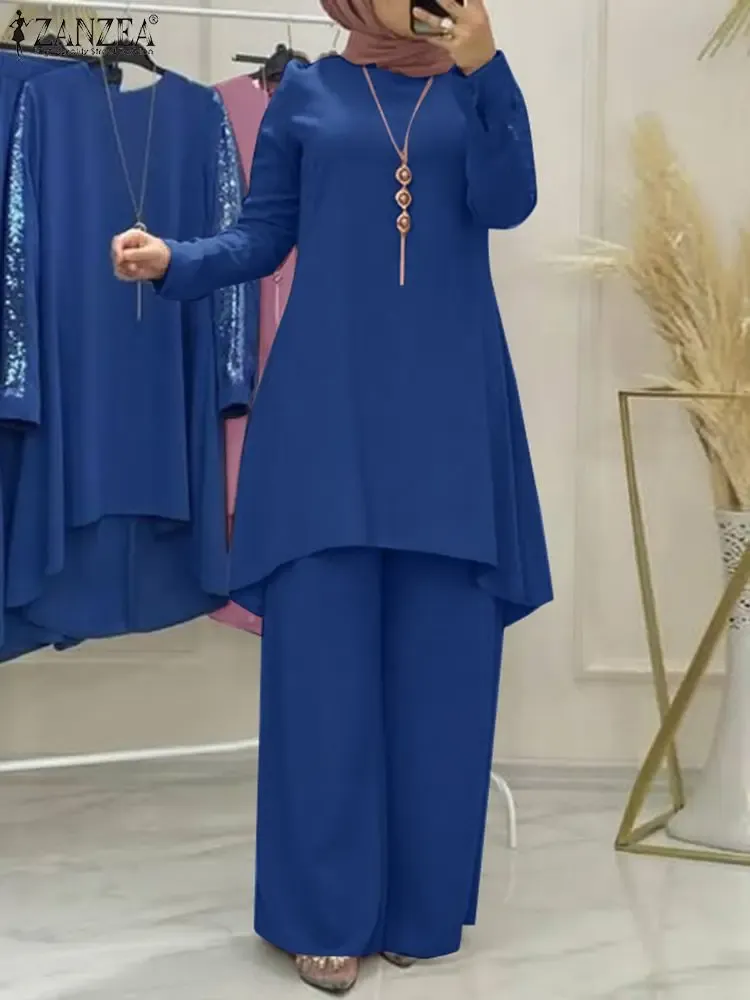 Pants Eid Ramadan Muslim Matching Sets Sequin Abaya Set ZANZEA Turkish Long Blouse Casual Pants Suits Dubai Kaftan Islamic Clothing