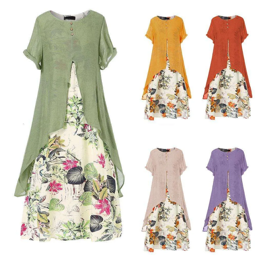 Kleid Elegante Baumwolle und Leinen Blumen Große Größe Damenbekleidung Swing Großhandel
