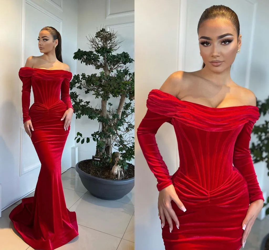 Elegant Red Mermaid Evening Dresses Off Shoulder Long Sleeves Floor Length Dresses Formal Wear Prom Birthday Party Pageant Gowns Special Occasion Dress Custom