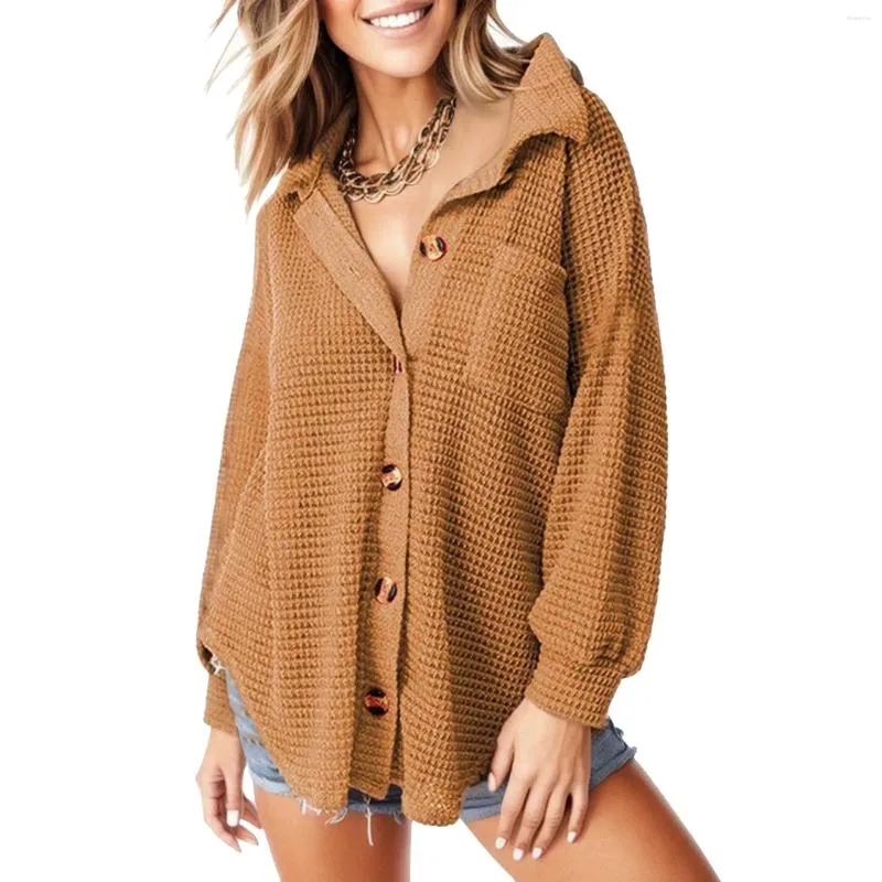 Kvinnors blusar Autumn Fashion Large Size Solid Color Waffle Shirt Tops For Women Casual Loose Long Sleeve Versatile Blus med fickor