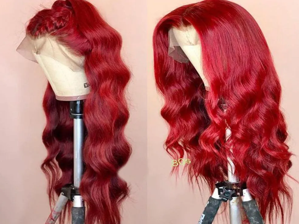Vågig färgad spets främre mänskliga hår peruker förpluckade full frontala röda vinröd remy brasiliansk peruk för svarta kvinnor kan göra 360 bun7278757