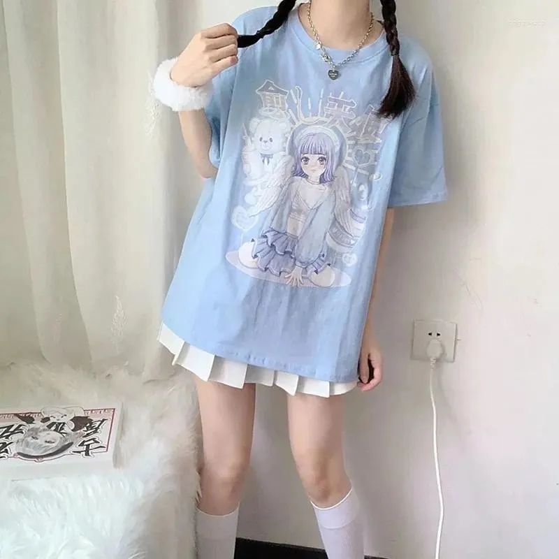 Mulheres Camisetas Janpanese Girl Anime Impresso T-shirt Verão Padrão de Desenhos Animados Y2K Tops Mulheres Baggy Roupas Bidimensional Streetwear Kawaii