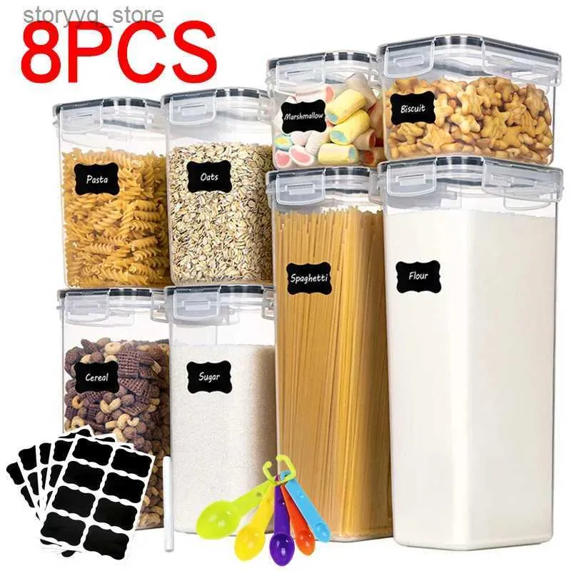 Frascos de alimentos Canisters 8pcs Conjunto de recipientes de armazenamento de alimentos Cozinha Grande Caixa de macarrão Organizador de cozinha Multigrain Tanque de armazenamento Recipientes de armazenamento L240308