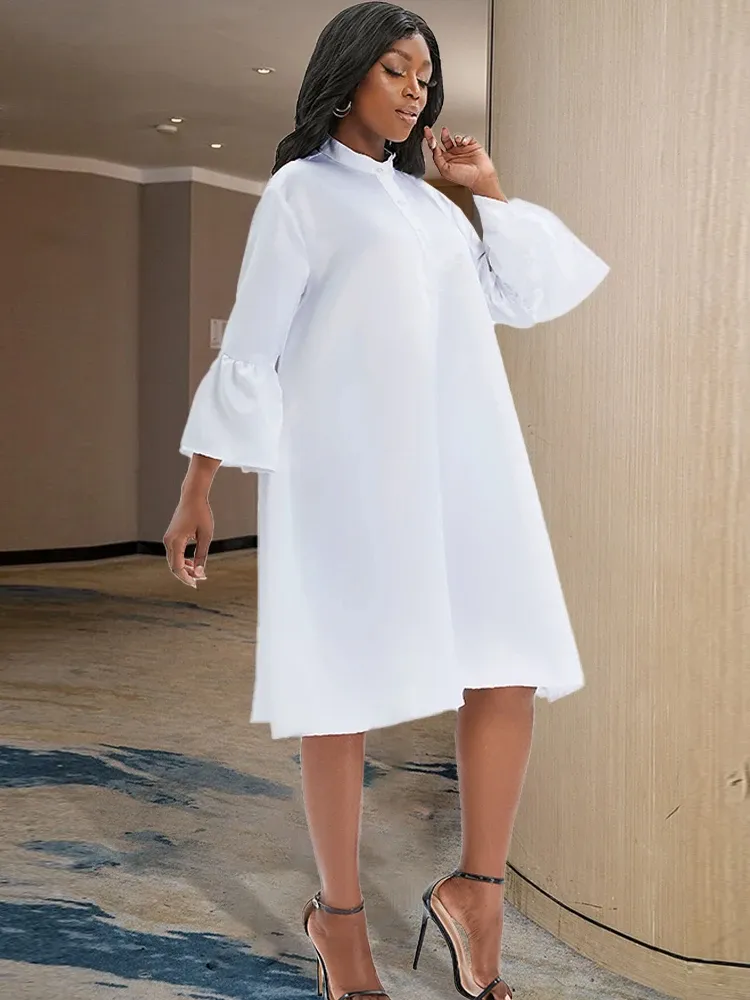 Dress AOMEI Loose White Dress Casual Fashion Women Stand Collar Three Quarter Sleeves Oversized Ladies Classy Summer Autumn Robes Gown