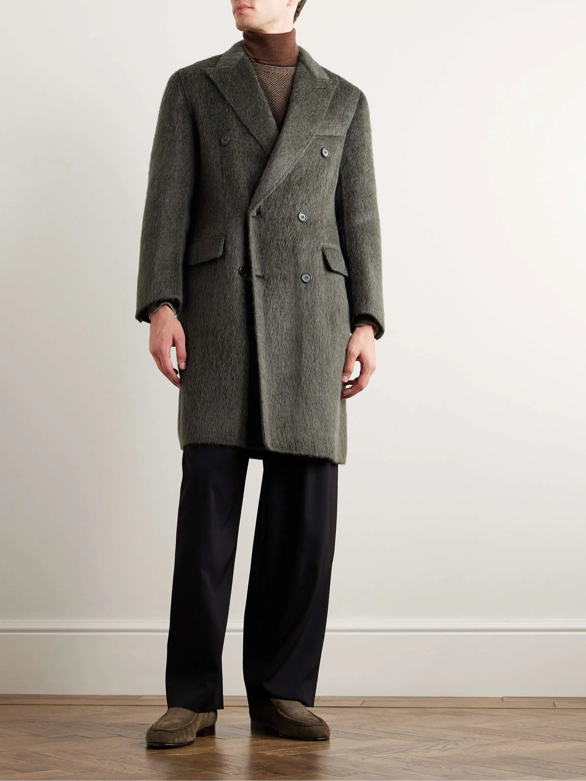 Men Wool Coat Blends Fashion Outerwear Mens Long Coats Brioni Double-Breasted Brushed Alpaca and Wool-Blend Coat for man