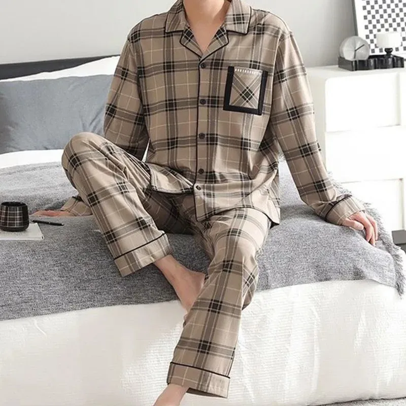 Lente Herfst Streep Katoenen Pyjama Casual Plaid Pyjama Mannen Lange Mouw Nachtkleding Ademend Comfortabele Housewear Pak 3XL 240307