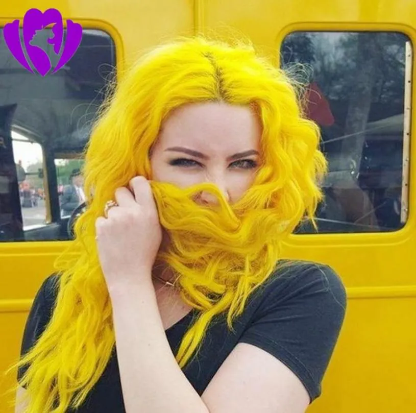 Parrucca lunga ondulata di colore giallo Capelli resistenti al calore 150 Denstiy Cosplay Perruque Masquera Parrucche anteriori in pizzo sintetico per le donne1243656