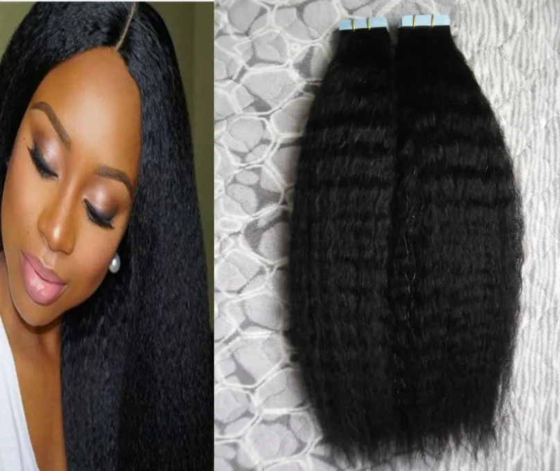 Bande droite crépue dans les extensions de cheveux humains 40 pièces Extension de cheveux humains yaki ruban yaki grossier adhésif trame de peau ruban PU sur les cheveux 9156835