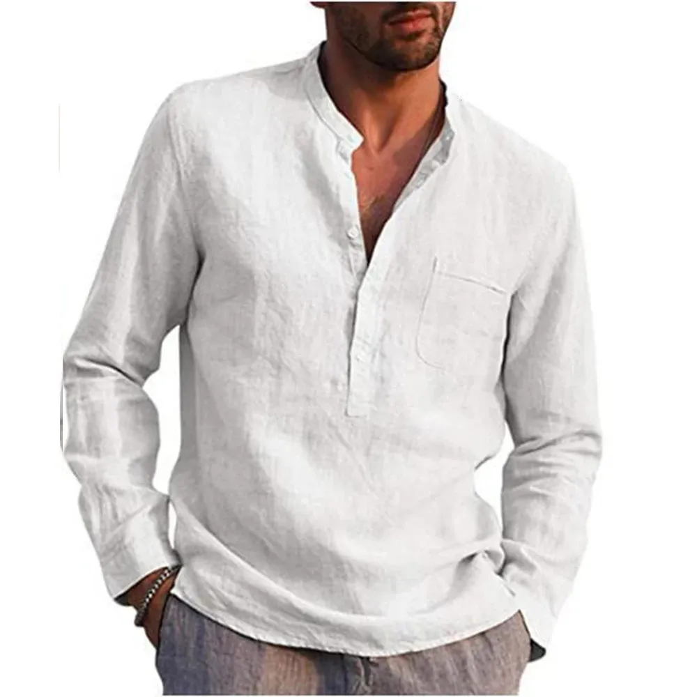 Chemises à manches longues en coton et lin pour hommes, couleur unie, col montant, Style plage décontracté, grande taille, été, 240306