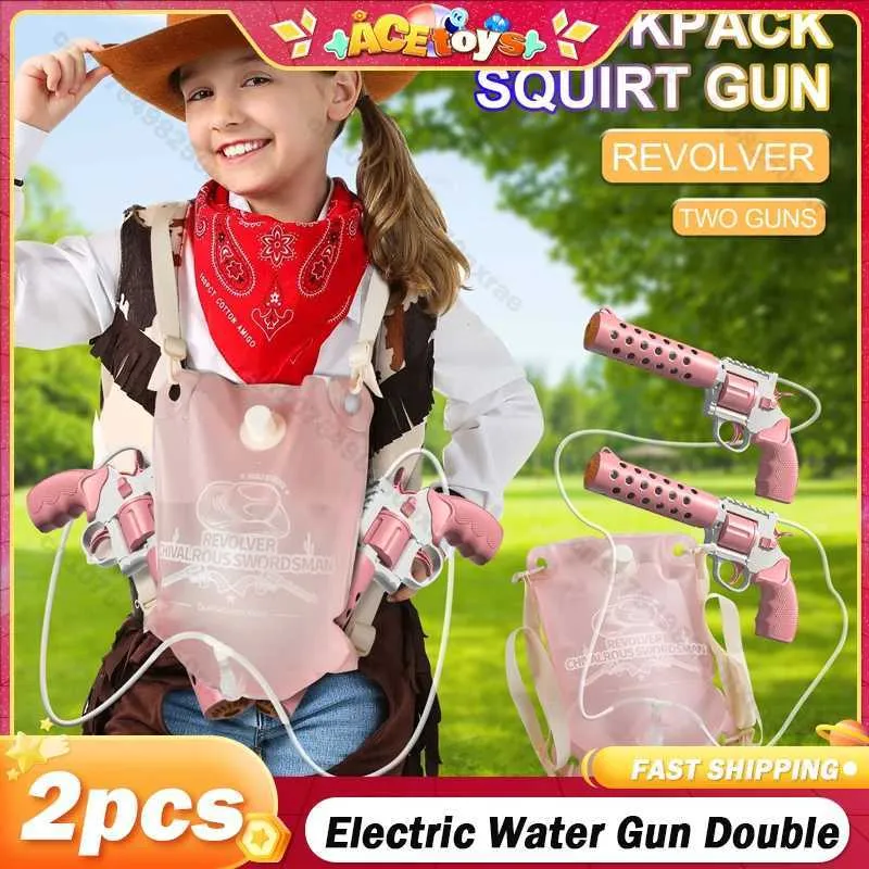 Gun Toys 2 Unids Pistola de Agua Eléctrica Mochila Automática de Gran Capacidad Pistolas Dobles Pistola 8 M Diversión Acuática Juegos al Aire Libre Niños Niñas Regalos L2403