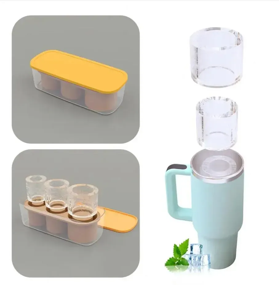 Tumbler Bac à glaçons en silicone avec couvercle 3 cavités Réfrigérateur de qualité alimentaire Été 40Oz Cylindre de tasse Machine à boules de glace Moule Kitch 0308