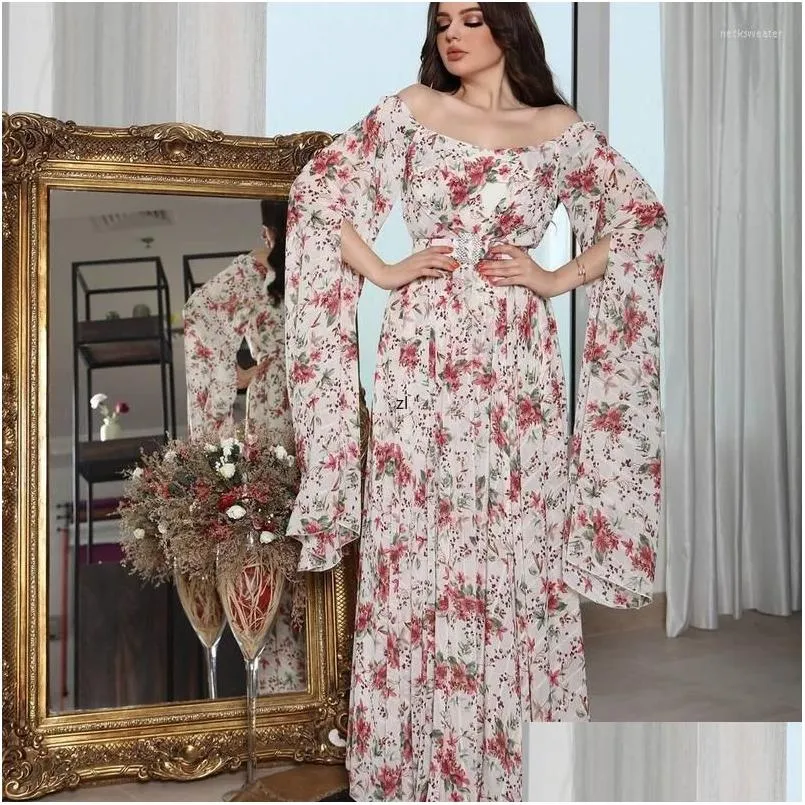 Shoder 핑크색 꽃 긴 드레스 여름 2023 년 시폰 프린트 벨트 주름 드레스 화이트 2xl 드롭 D DHDS1