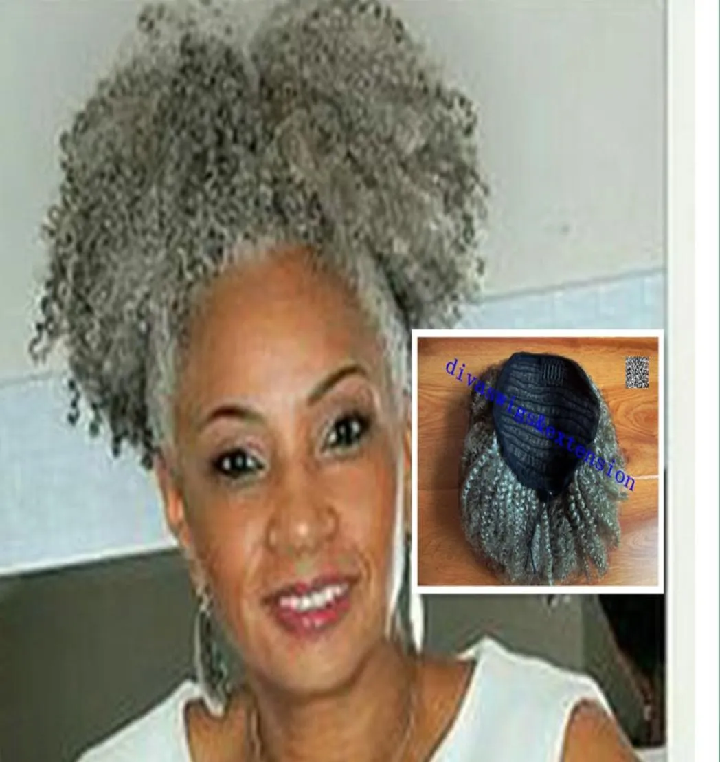 Afro Kinky Curly Weave Ponytail Frisyrer Clip Ins Gray Hair Ponytails Extensions DrawString Ponytail Kort Hög Pony Hair 120G 15223317
