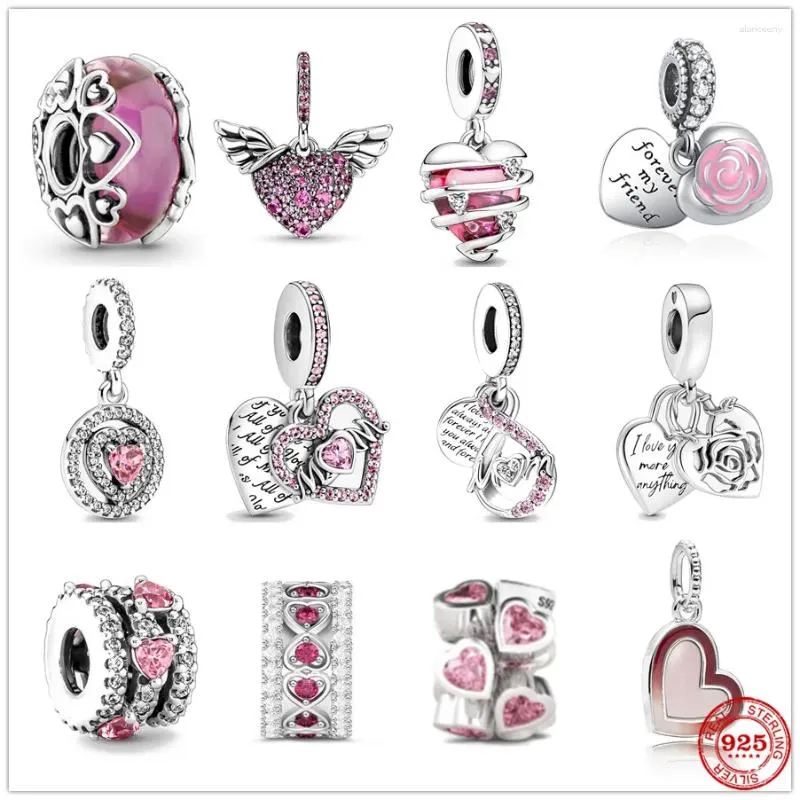 Pierres précieuses en vrac 925 en argent sterling étincelant maman double halo coeur balancent charme perle ajustement original bracelet pendentif bricolage femmes bijoux