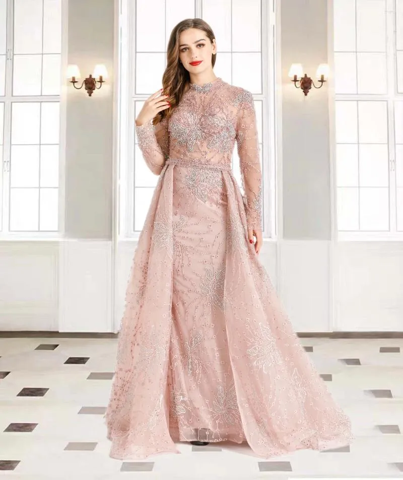 Robes de soirée rose manches longues avec traîne sirène 2024 Dubaï tenue de soirée robes pour femmes de mariage HO1063